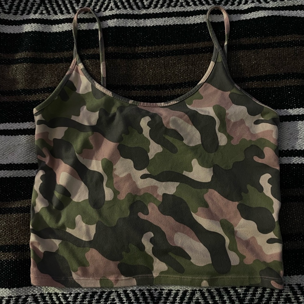 Camouflage top,dark & light green,pink,tan.Size L